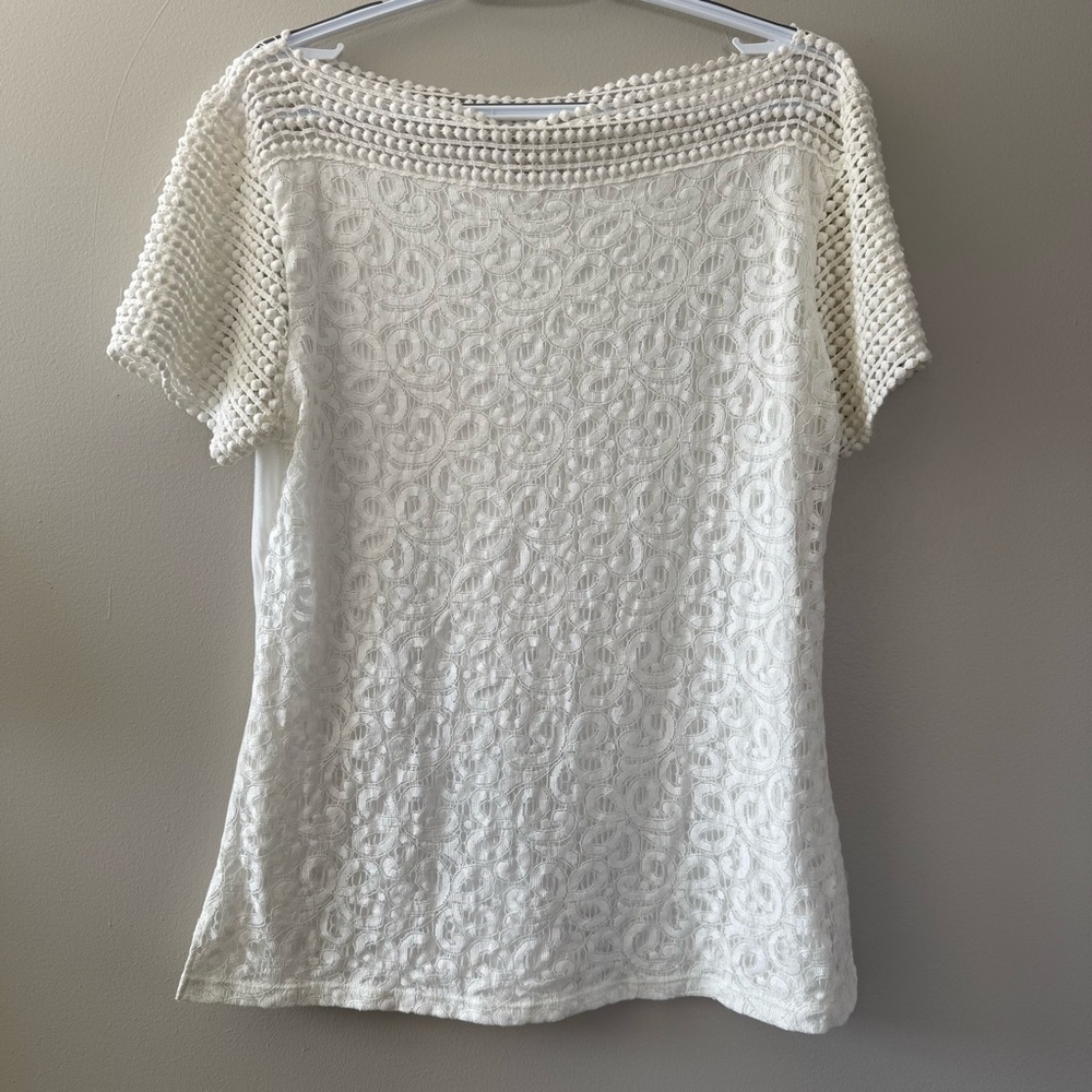 Shannon Ford NY White Lace Lined T Shirt Womens Size XL With Dotted Neckline